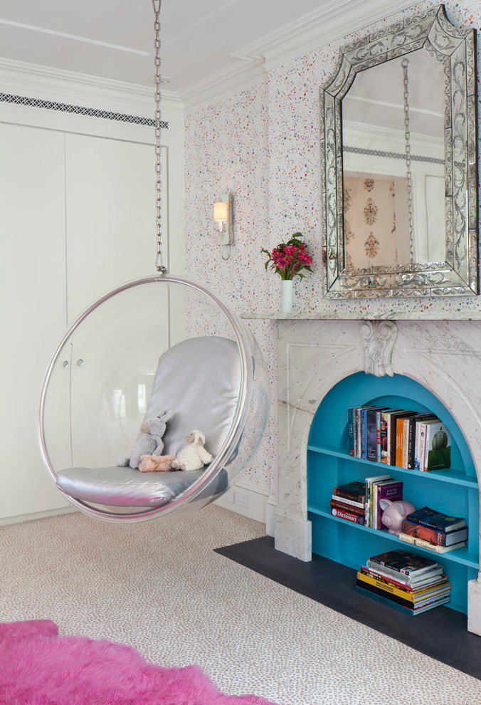 Design ideas for a contemporary kids' room for girls in New York with carpet.