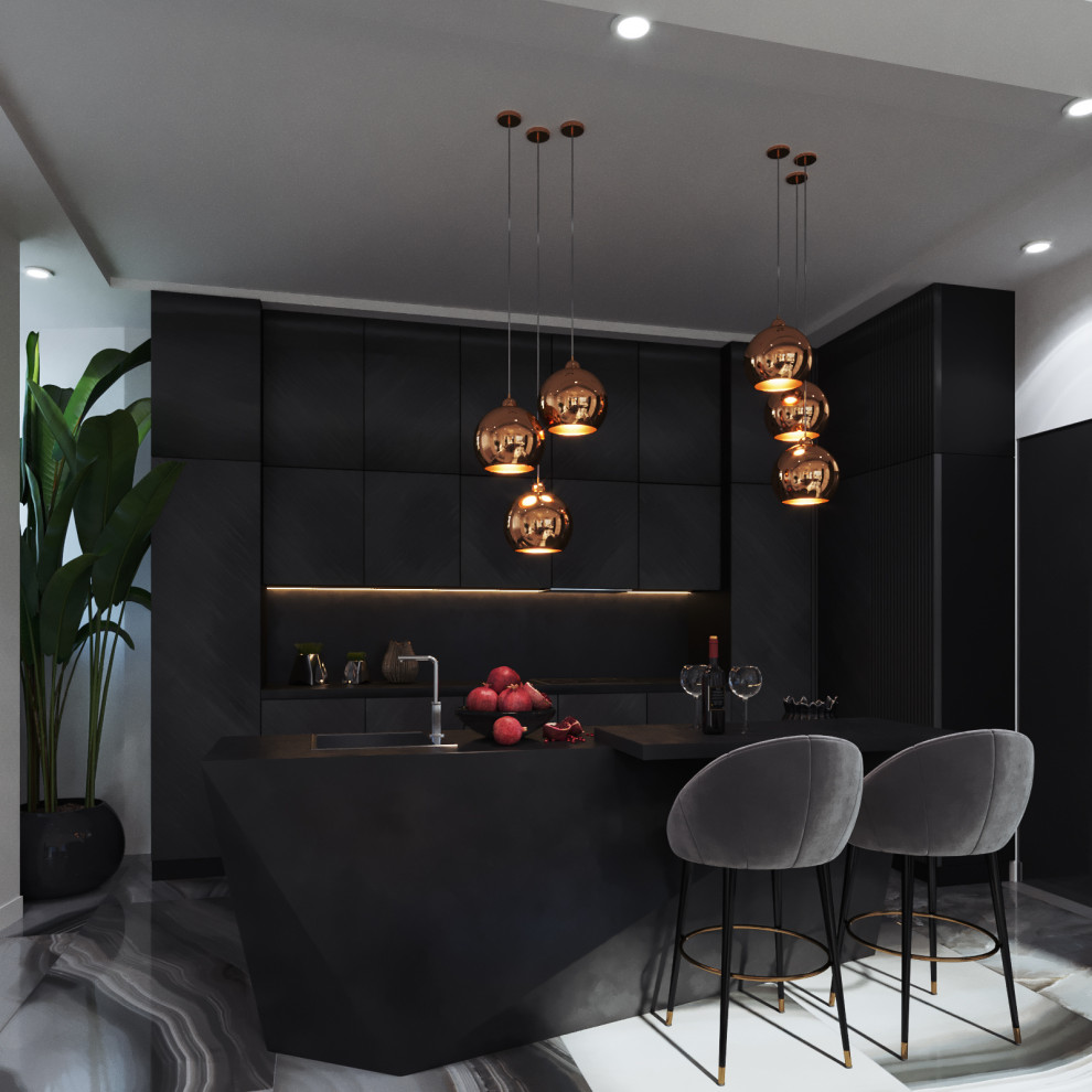 Mid-sized contemporary l-shaped home bar in Other with an integrated sink, flat-panel cabinets, black cabinets, quartz benchtops, black splashback, glass sheet splashback, porcelain floors, grey floor and black benchtop.