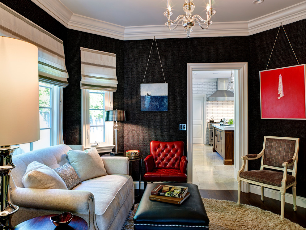 Inspiration for a transitional family room in Los Angeles with black walls.