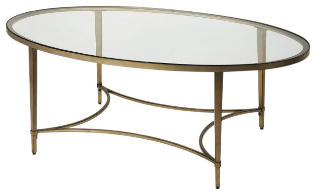 Coffee Table Cocktail Oval Top Distressed Antique Gold Tempered Glass