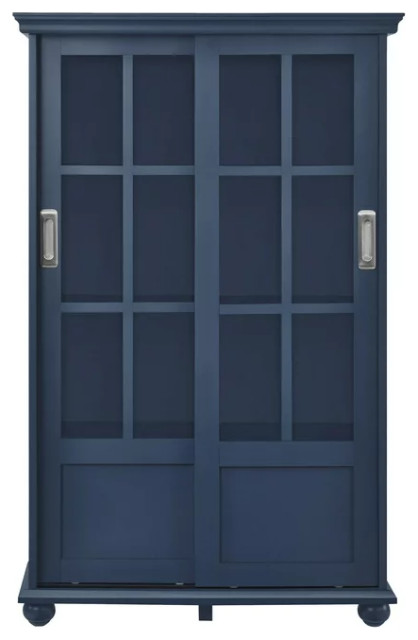 Transitional Bookcase, Sliding Doors With Glass Panels & Inner Shelves, Blue