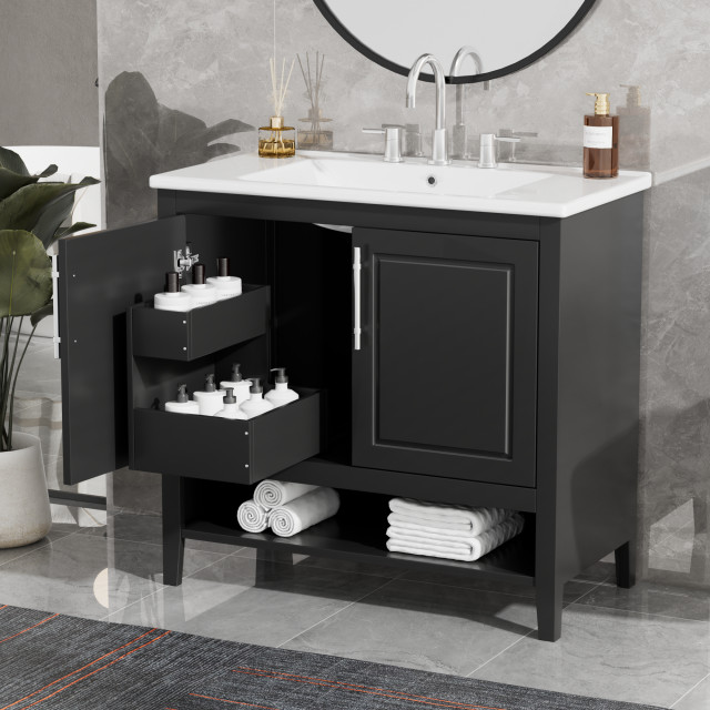 TATEUS 36" Bathroom Vanity with Sink, Multi-functional Bathroom Cabinet, Black - Transitional ...