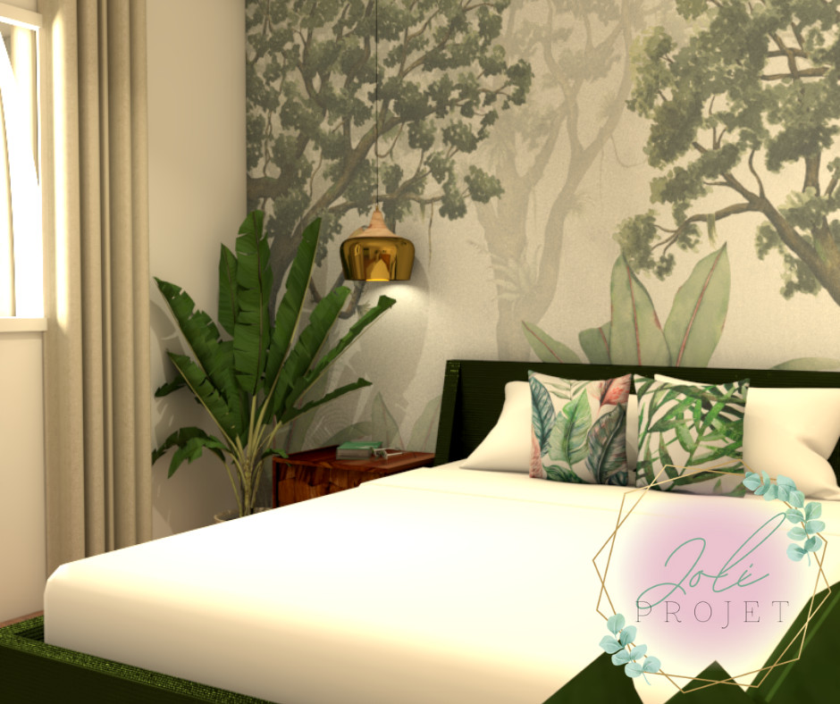 Inspiration for a mid-sized tropical master bedroom in Lyon with green walls, light hardwood floors, no fireplace, brown floor and wallpaper.