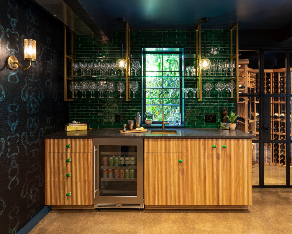 Photo of a large bohemian home bar in Portland with concrete flooring and grey floors.