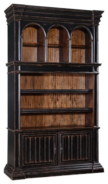Bookcase Cathedral Antiqued Blackwash, Vintage Farmhouse Bookcase With Doors