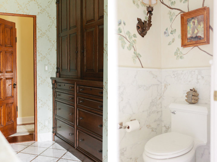 Photo of a mid-sized traditional master bathroom in Grand Rapids with beaded inset cabinets, dark wood cabinets, a claw-foot tub, an alcove shower, multi-coloured tile, stone tile, blue walls, marble floors, white floor and a hinged shower door.