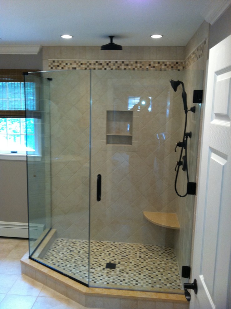 Mid-sized contemporary master bathroom in Newark with louvered cabinets, blue cabinets, an alcove shower, a two-piece toilet, black and white tile, marble, white walls, ceramic floors, a drop-in sink, engineered quartz benchtops, white floor, a hinged shower door and turquoise benchtops.