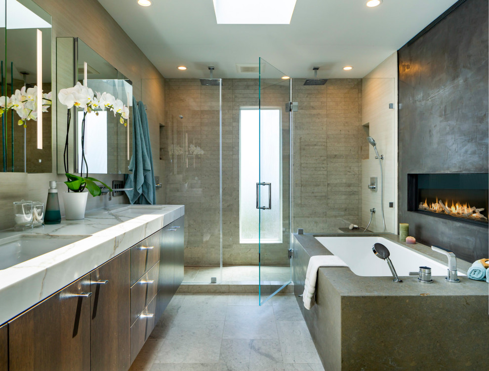 Design ideas for an expansive midcentury master bathroom in San Francisco with flat-panel cabinets, dark wood cabinets, an undermount tub, gray tile, an undermount sink, grey floor, white benchtops, a niche, a double vanity and a floating vanity.