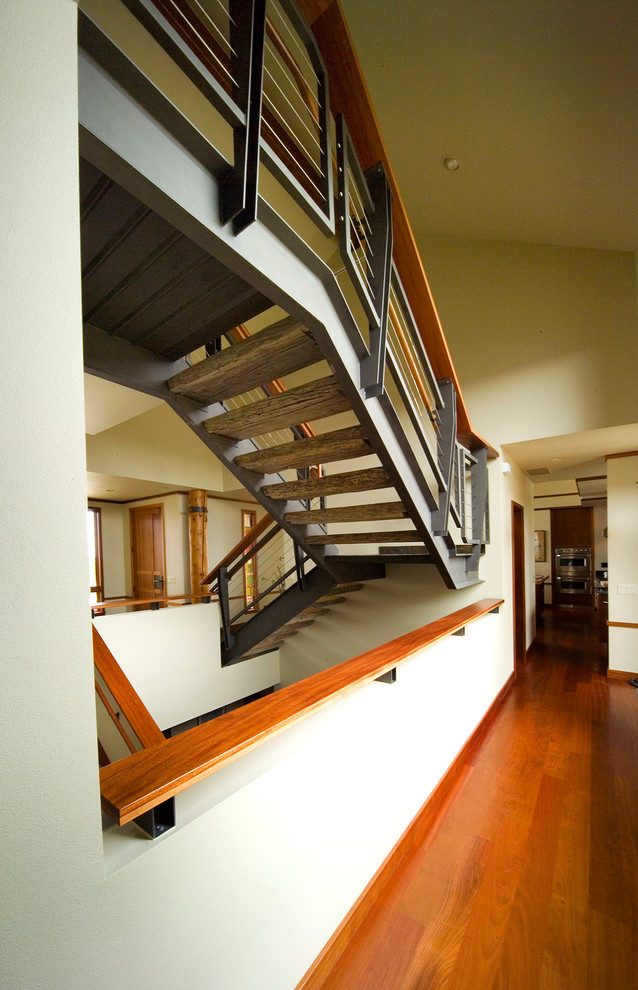 Design ideas for a mid-sized asian wood floating staircase in Other with open risers.