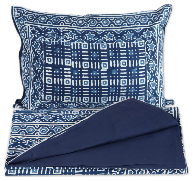 NOVICA Cotton duvet cover set Rajasthani Indigo Contemporary Duvet