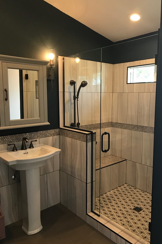 Alcove shower - mid-sized transitional master gray tile and porcelain tile mosaic tile floor and gray floor alcove shower idea in Phoenix with a pedestal sink, black walls and a hinged shower door