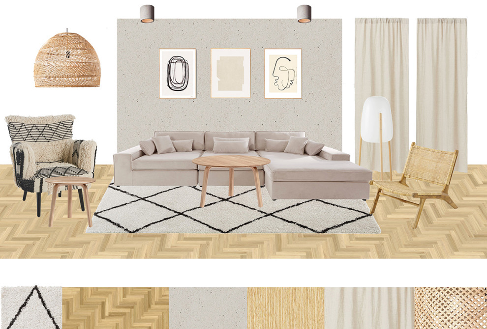 Mittelgroßes, Offenes Nordisches Wohnzimmer mit beiger Wandfarbe, Keramikboden und beigem Boden in München