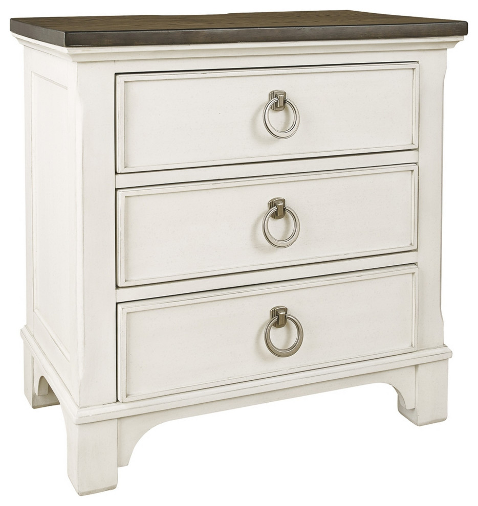 Cottage 3 Drawer Wooden Nightstand with Contrasting Top, White and