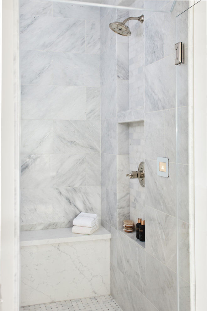 Design ideas for a medium sized contemporary ensuite wet room bathroom in San Francisco with shaker cabinets, beige cabinets, a submerged sink, engineered stone worktops, white worktops, double sinks and a built in vanity unit.