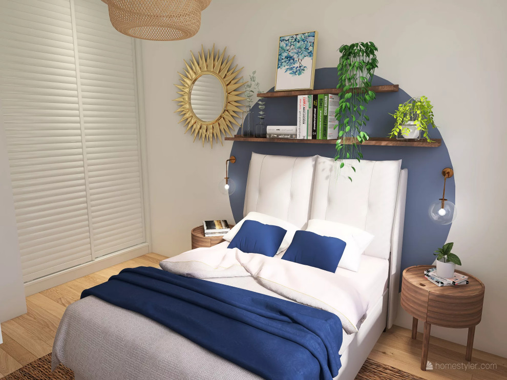 Mittelgroßes Shabby-Look Hauptschlafzimmer mit blauer Wandfarbe, braunem Holzboden, Kamin, Kaminumrandung aus Beton und braunem Boden in Paris