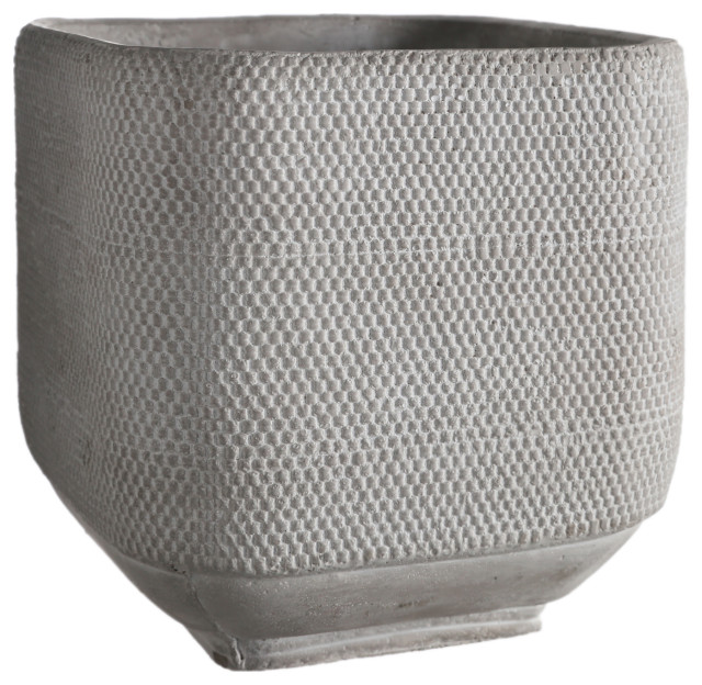 Square Cement Pot in Abstract Pattern Design, Washed Gray Finish, Large