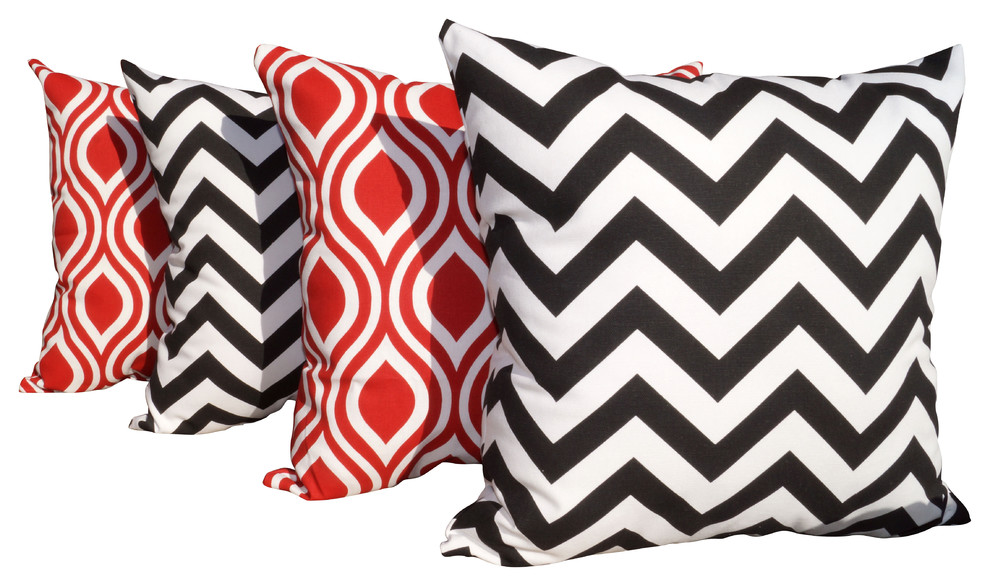 Chevron Black And Nicole Rojo Red And White Outdoor Throw Pillows, Set of 4