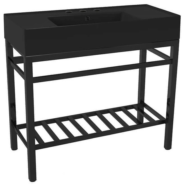 Modern Matte Black Ceramic Console Sink and Matte Black Base