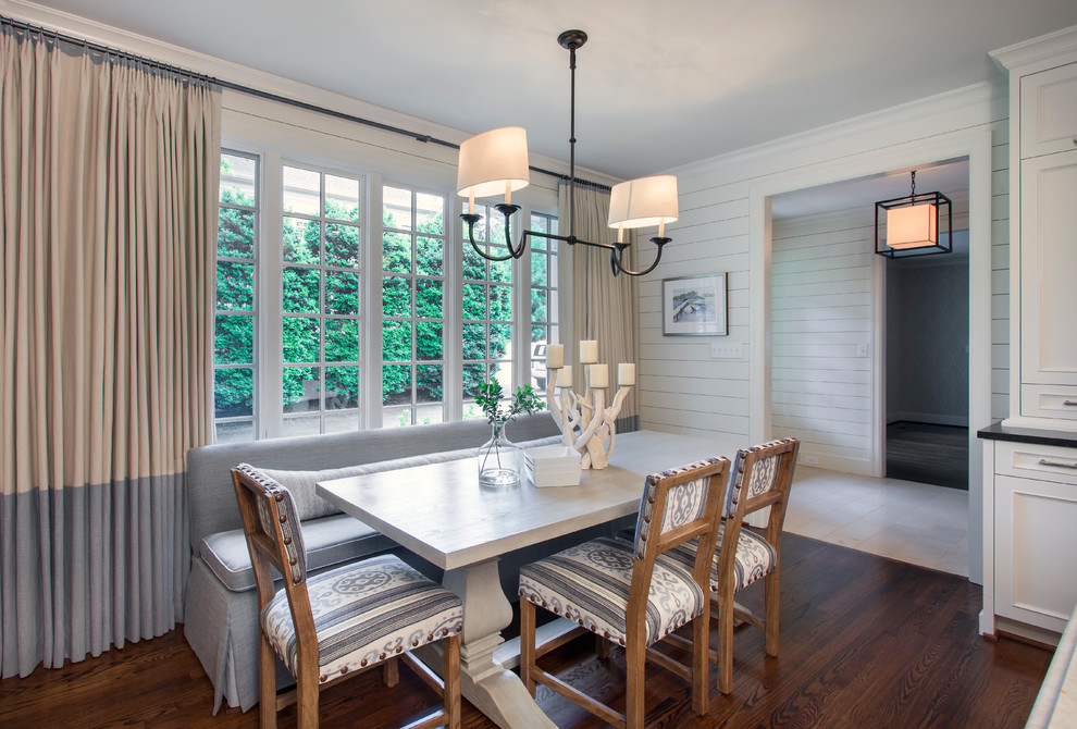 Inspiration for a large traditional kitchen/dining combo in Charlotte with white walls and dark hardwood floors.