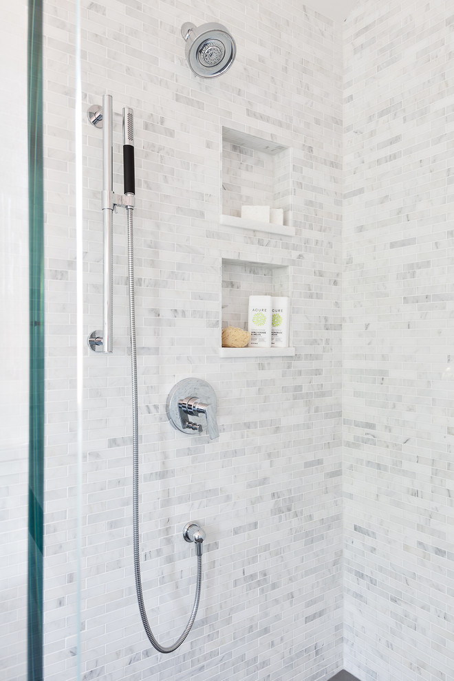 Mid-sized transitional master wet room bathroom in Vancouver with flat-panel cabinets, brown cabinets, a two-piece toilet, white tile, mosaic tile, white walls, porcelain floors, an undermount sink, engineered quartz benchtops, grey floor, a hinged shower door and white benchtops.