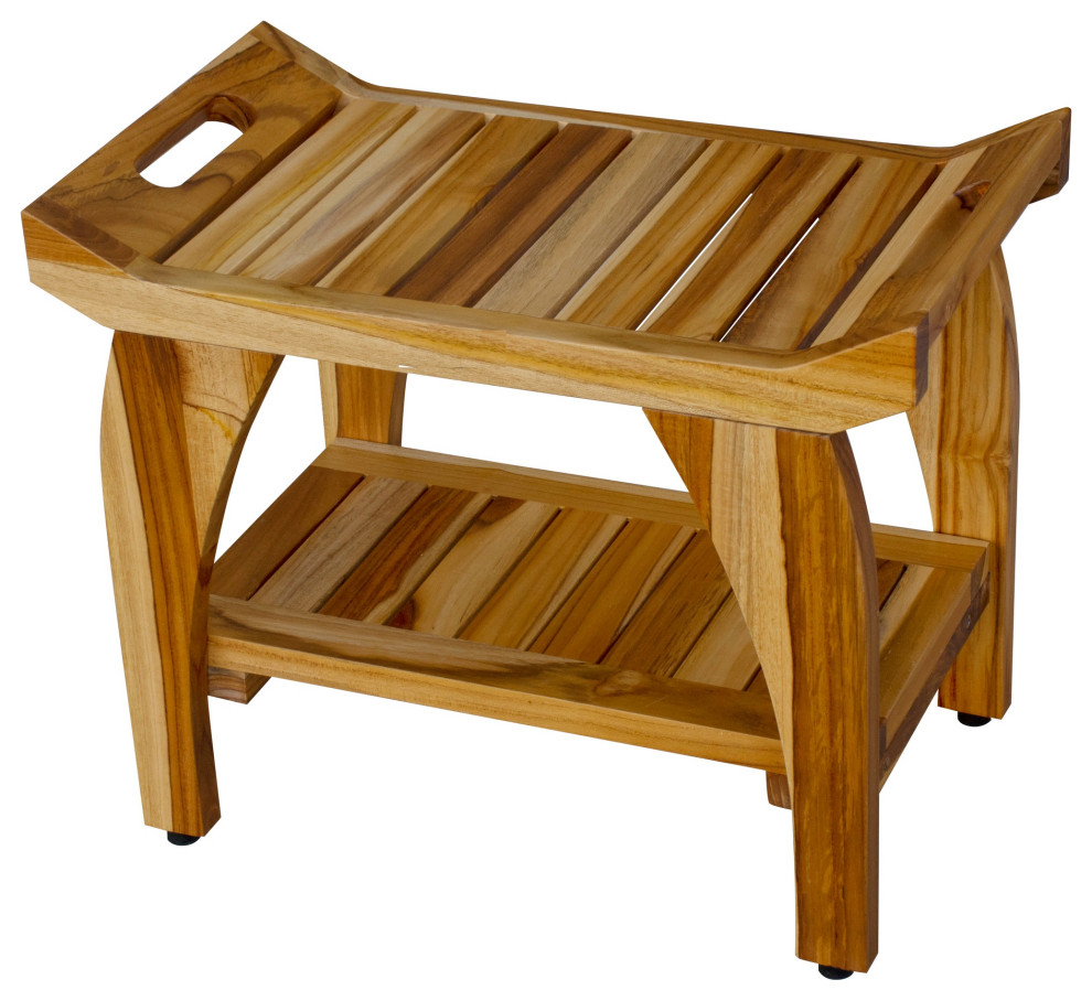 HomeRoots Compact Rectangular Teak Shower Bench With Handles, Natural ...