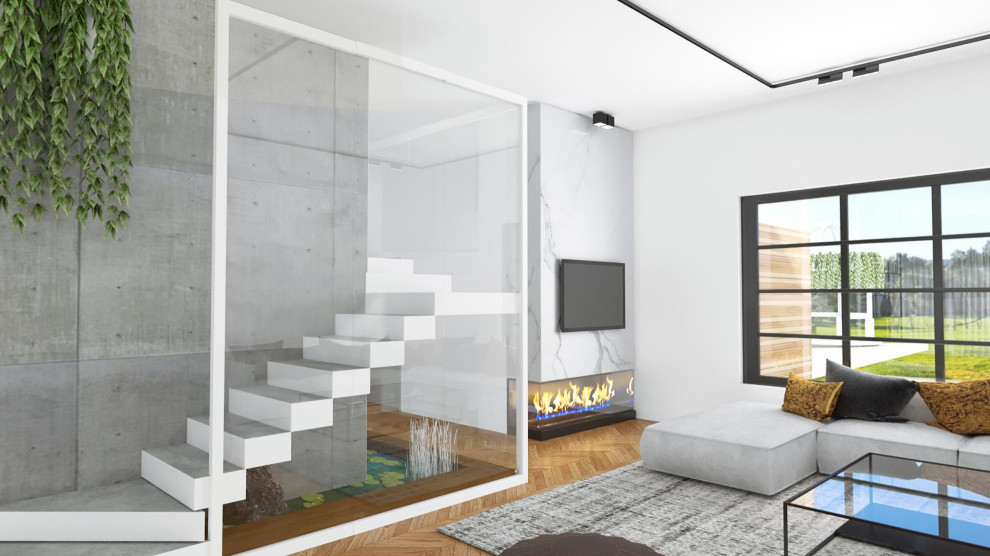 Idéer för stora funkis separata vardagsrum, med grå väggar, mellanmörkt trägolv, en bred öppen spis, en spiselkrans i sten, en väggmonterad TV och brunt golv