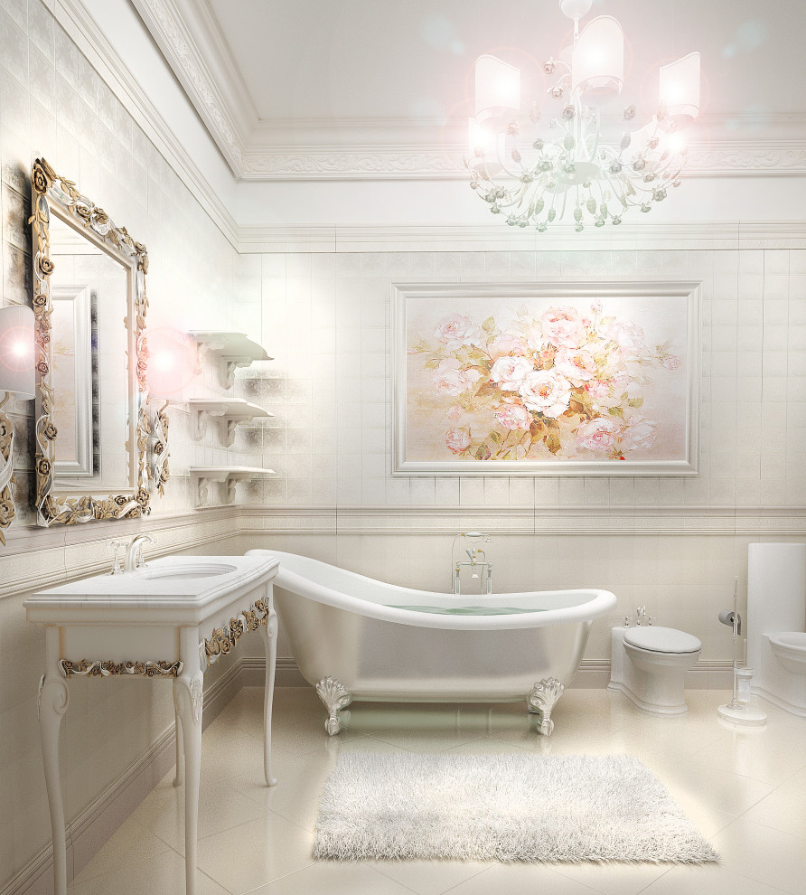 На фото: ванная комната среднего размера в классическом стиле с фасадами с декоративным кантом, бежевыми фасадами, биде, оранжевой плиткой, мраморной плиткой, розовыми стенами, мраморным полом, мраморной столешницей, розовым полом, белой столешницей, напольной тумбой и многоуровневым потолком