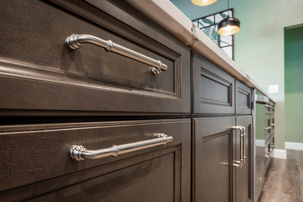 Inspiration for a huge transitional single-wall vinyl floor and gray floor eat-in kitchen remodel in Orlando with an undermount sink, recessed-panel cabinets, gray cabinets, quartz countertops, white backsplash, porcelain backsplash, stainless steel appliances, an island and white countertops