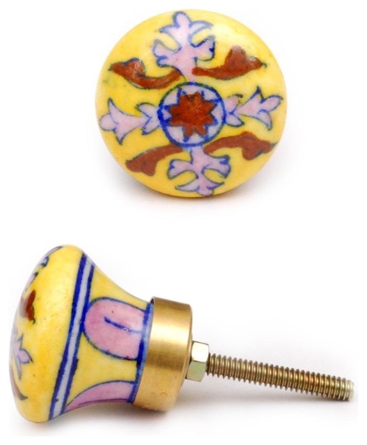 Floral Design Knobs, Yellow Ceramic W/ Pink, White, Brown & Blue , Set of 3