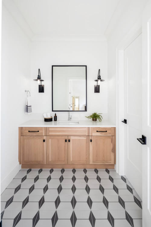 Gray and Black Diamond Patterned Floor Tiles in a Modern Bathroom