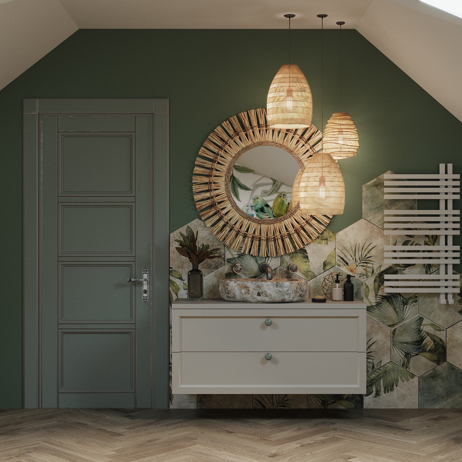 Санузел на мансарде в эко стиле.