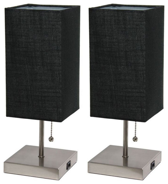 Petite Modern Stick Lamp with USB Charging Port, Brushed Nickel Base Set of 2 Transitional