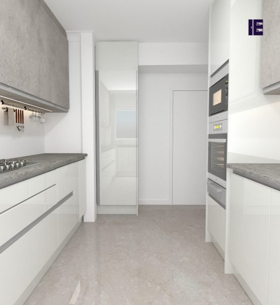 Idéer för ett avskilt, stort modernt vit u-kök, med en enkel diskho, släta luckor, vita skåp och granitbänkskiva