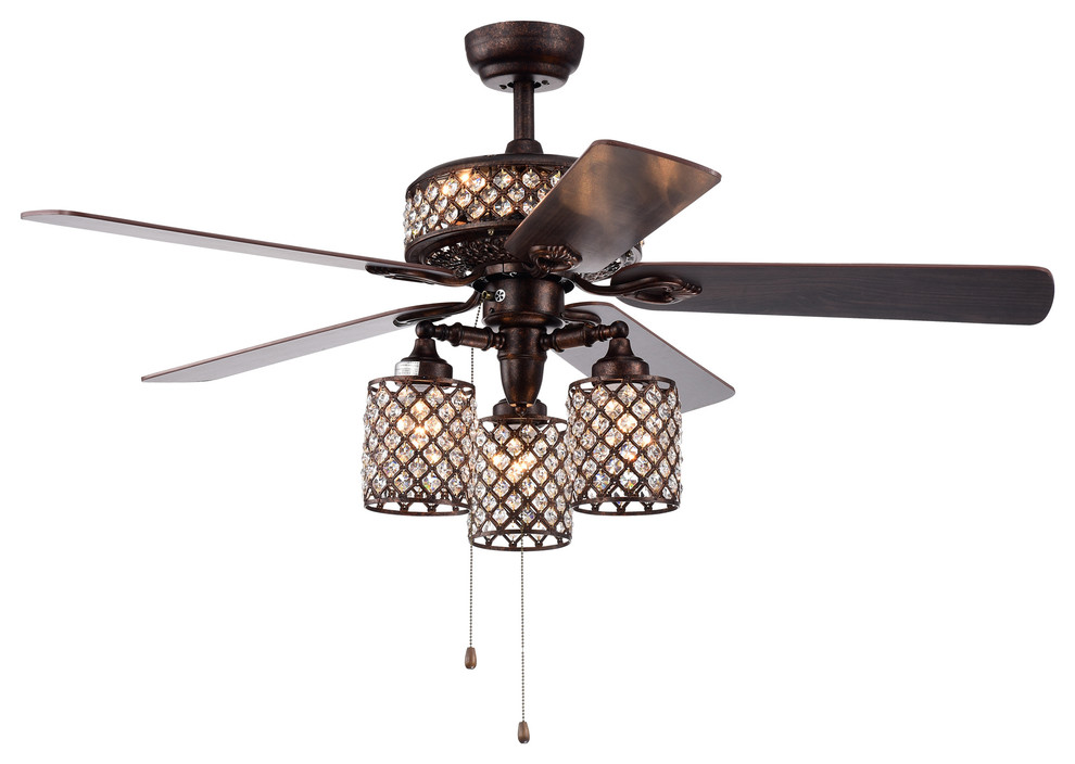 Pristil 5 Blade 52 Rustic Bronze Lighted Ceiling Fans With Crystal Grid Shade