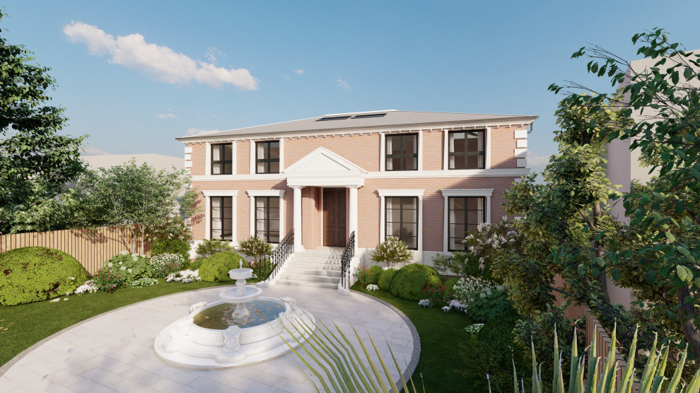 Ispirazione per la villa grande rossa classica a due piani con rivestimento in mattoni, tetto a capanna, copertura in tegole e tetto blu
