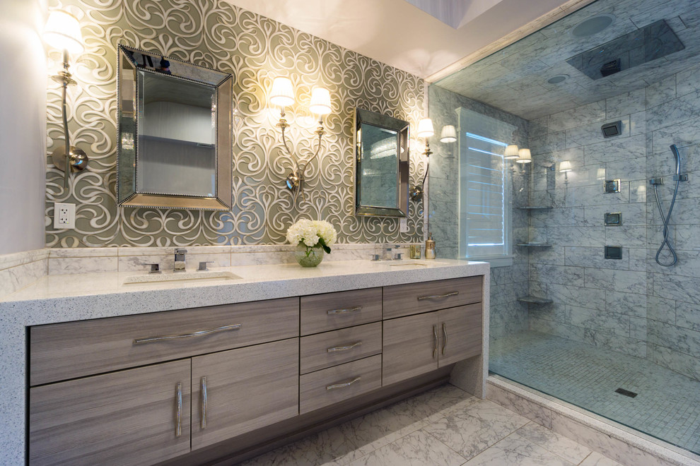 Photo of a mid-sized transitional master bathroom in Bridgeport with flat-panel cabinets, beige cabinets, a corner shower, a two-piece toilet, gray tile, mosaic tile, grey walls, marble floors, an undermount sink, engineered quartz benchtops, grey floor and an open shower.