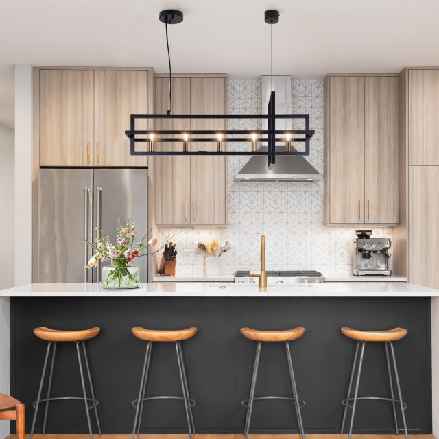 LALUZ 36.7-in 5-Light Modern Black and Gold Linear Kitchen Island ...