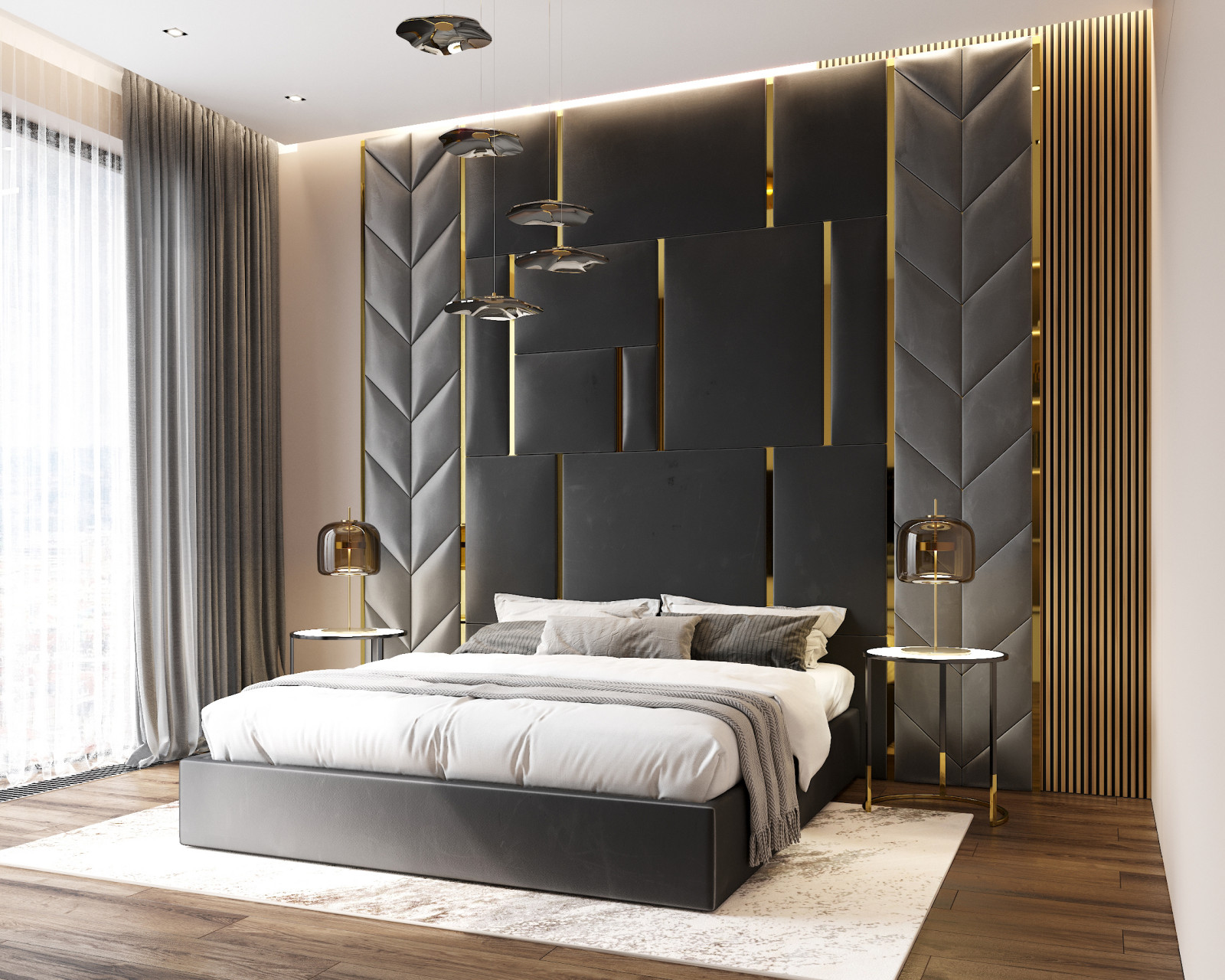 Мягкая панель в сочетании золотыми вставками