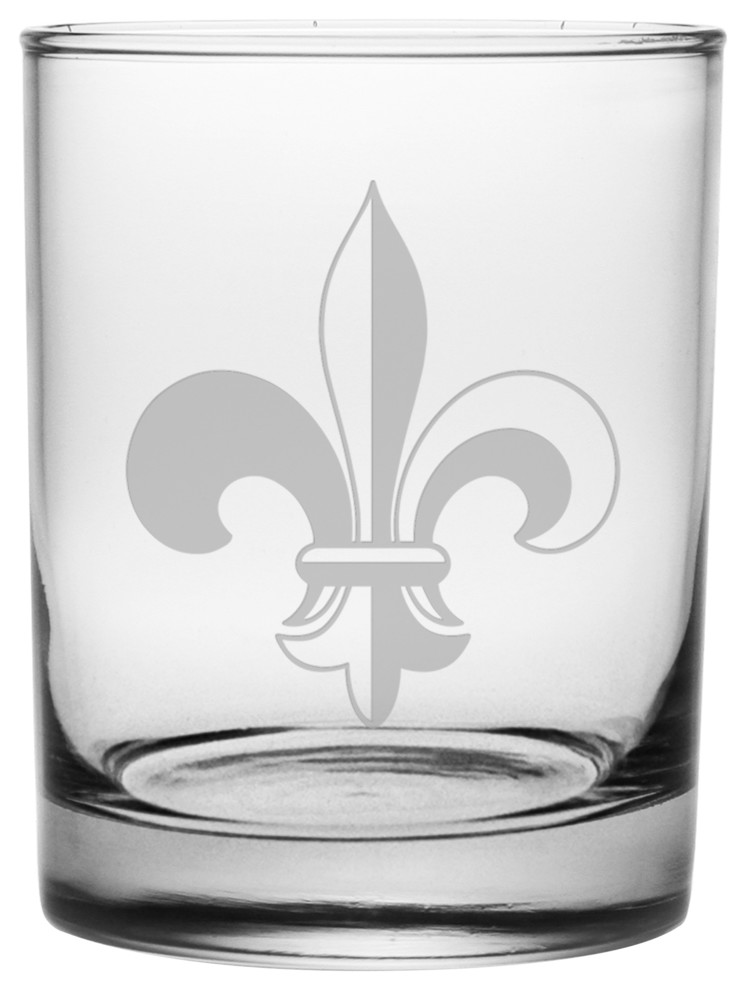 FleurDeLis Rocks Glasses, Set of 4 Mediterranean Cocktail Glasses