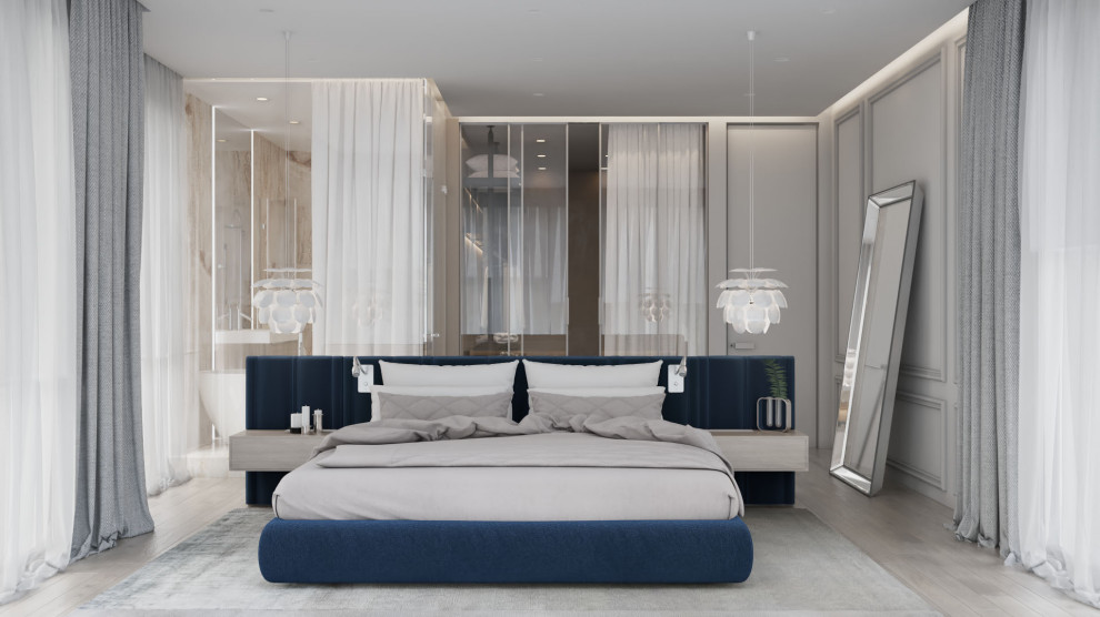 地中海スタイルのおしゃれな主寝室 (淡色無垢フローリング、茶色い床) のインテリア