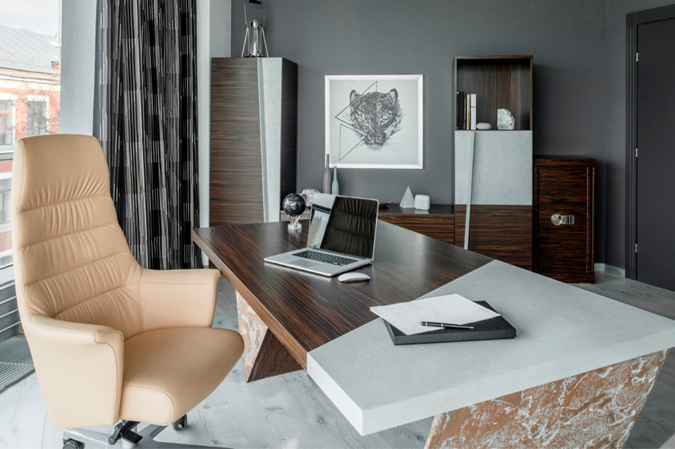 Дизайн кабинета: бетон, эбеновое дерево и шикарный вид из окна