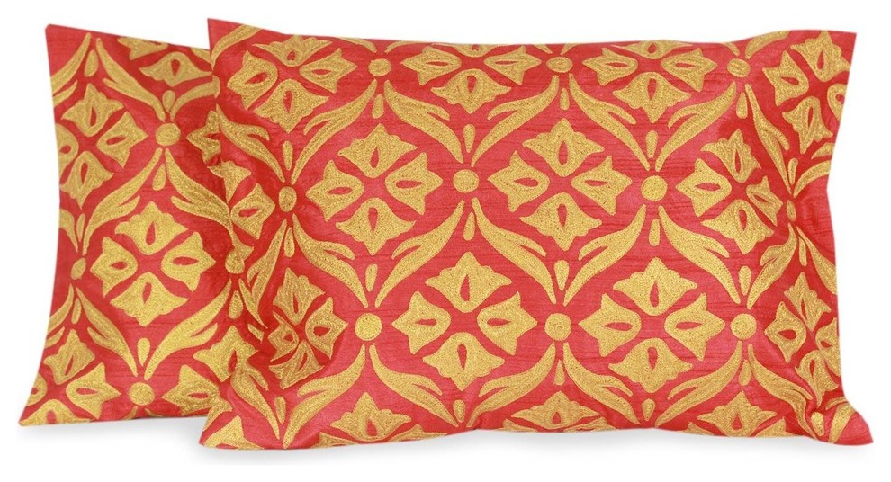 Golden Harmony, Embroidered Cushion Covers, India, Set of 2
