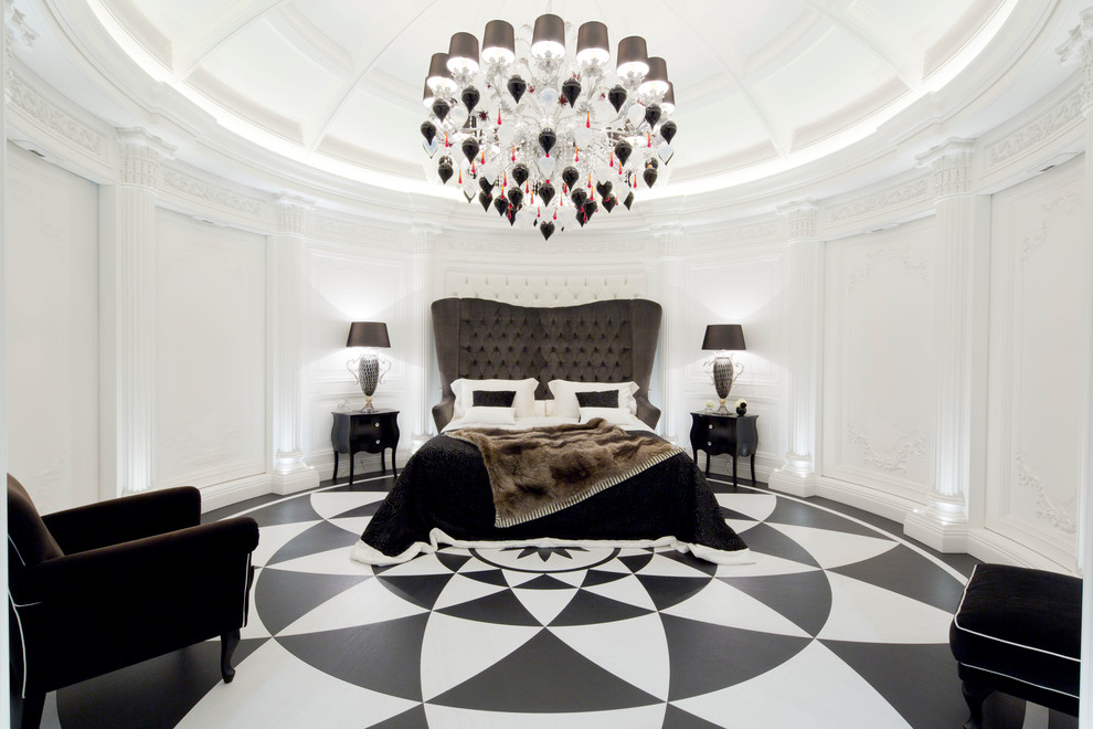 Example of a large trendy master painted wood floor and multicolored floor bedroom design in Milan with white walls