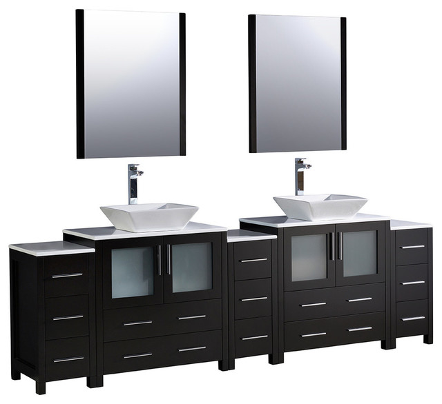 96 Espresso Double Sink Bathroom Vanity 3 Side Cabinets And Vessel Sinks