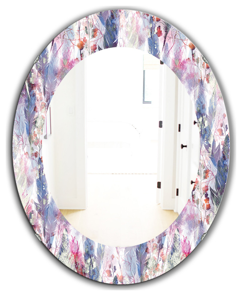 Feathers 2 Bohemian And Eclectic Frameless Round Vanity Mirror, 24x36 ...