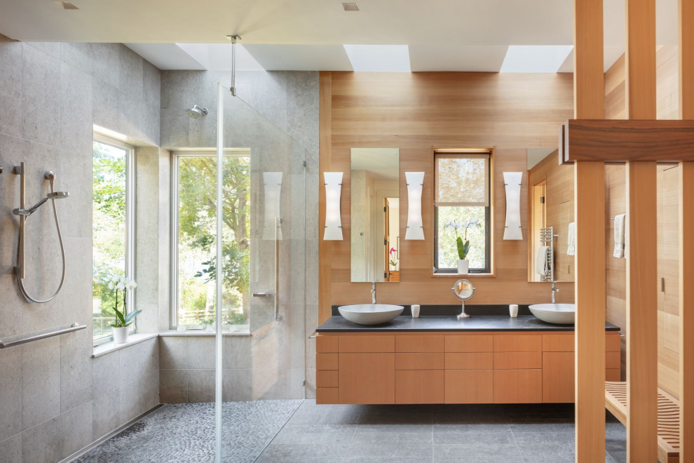 Design ideas for a contemporary bathroom in Portland Maine.