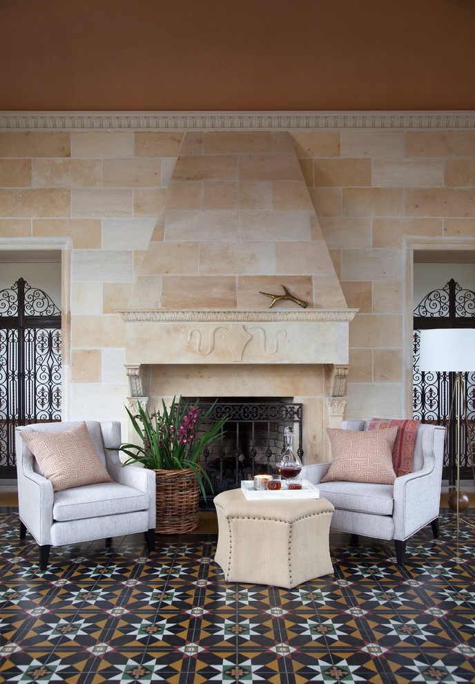 Inspiration for a mediterranean tile porch remodel in Austin with a fire pit and a roof extension