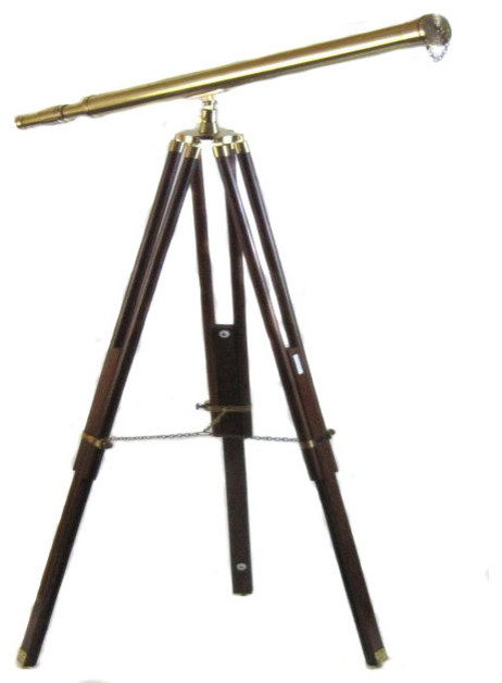 Vintage Brass Telescope On Wooden Tripod Maritime Nautical 60" Tall Replica