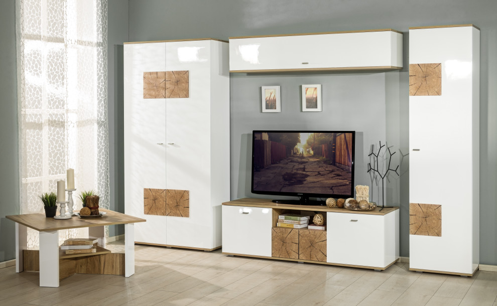 Идея дизайна: изолированная гостиная комната среднего размера, в белых тонах с отделкой деревом в современном стиле с серыми стенами и отдельно стоящим телевизором
