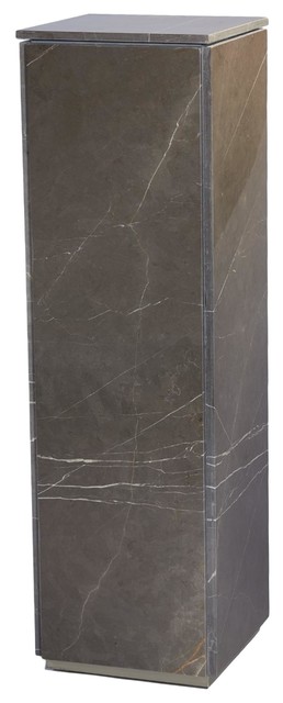 Gorgeous Modern Gray Marble Slab Pedestal Table, Minimalist Veined Tall Block
